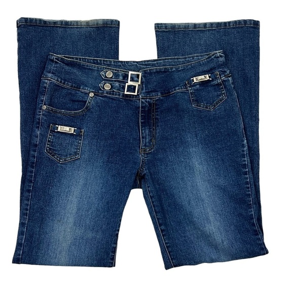 Clash Woman’s Dark Wash Bootcut Flair Denim Jeans Snap Buckle Waist Size 11 Jrs - Picture 3 of 14